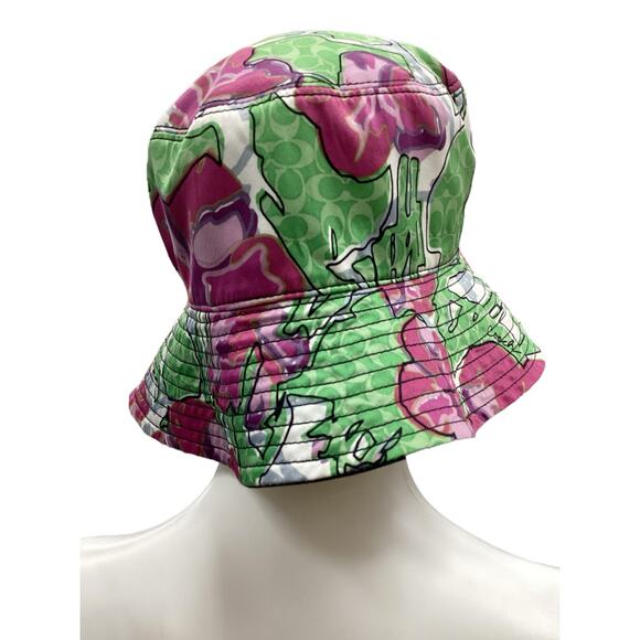 Coach Hat Women’s 1 Size Bucket Style Reversible Flower Print Black Green Pink - Picture 3 of 7